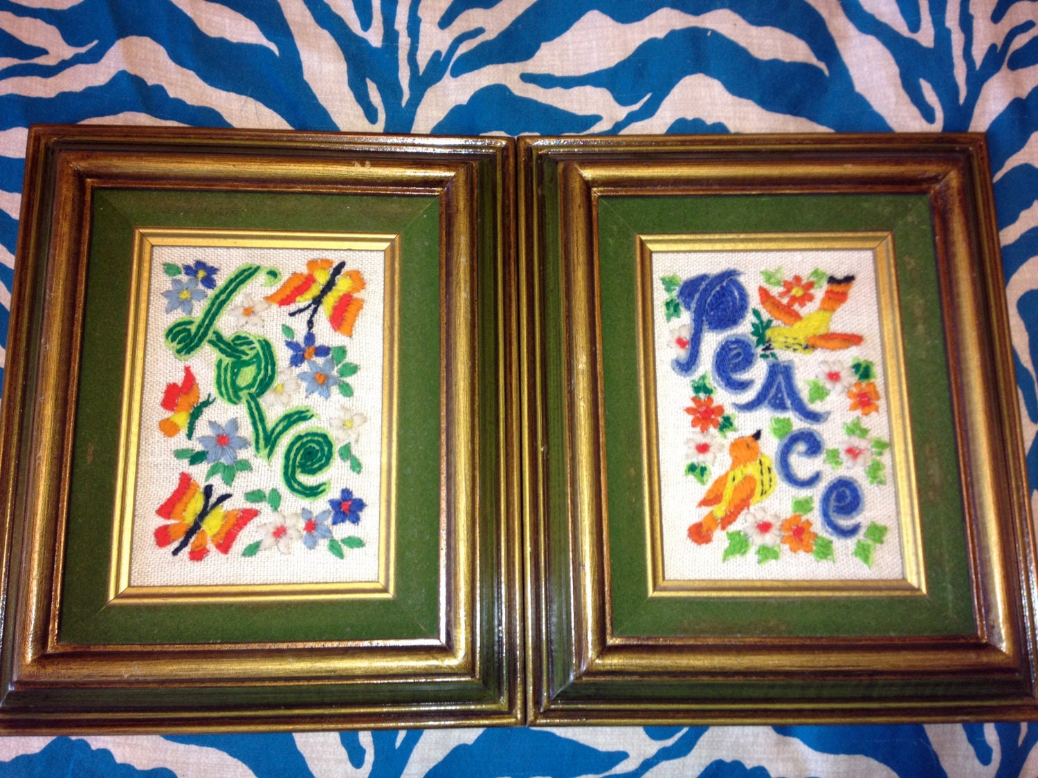 Vintage Peace and Love Framed Crewel Embroidery Pictures