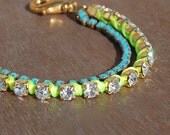 Turquoise and Rhinestone Wrap Bracelet Neon Yellow Rhinestone Bracelet