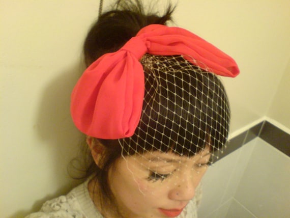 Retro Pin Up Red Bow Fascinator/Headpiece with Veil - 'Minx'
