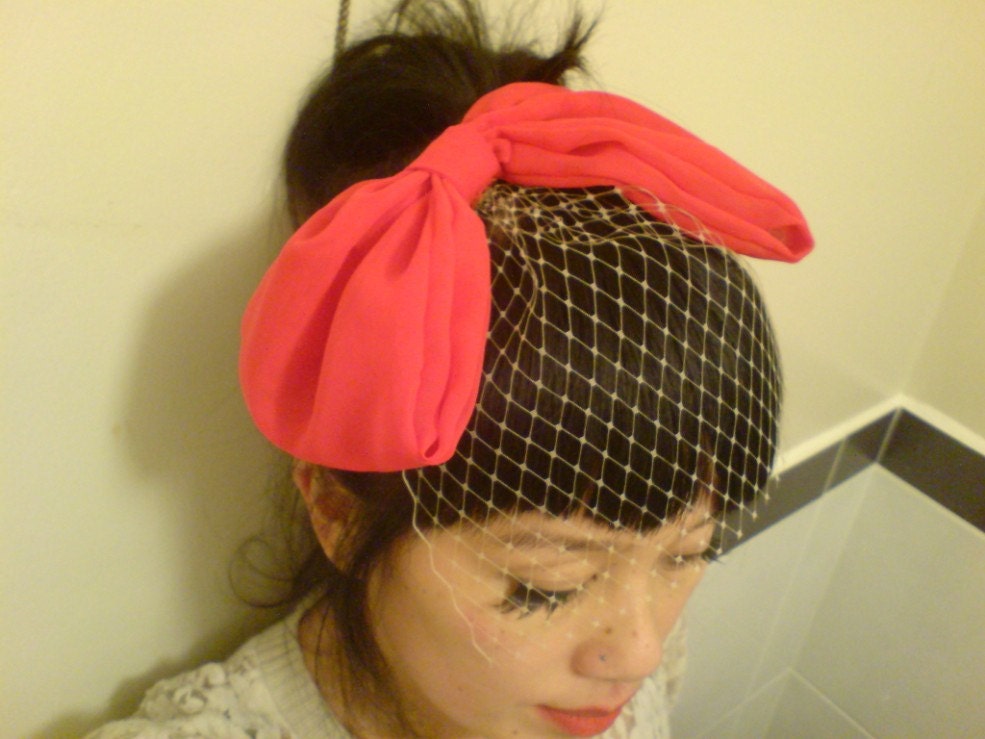 Retro Pin Up Red Bow Fascinator/Headpiece with Veil - 'Minx'