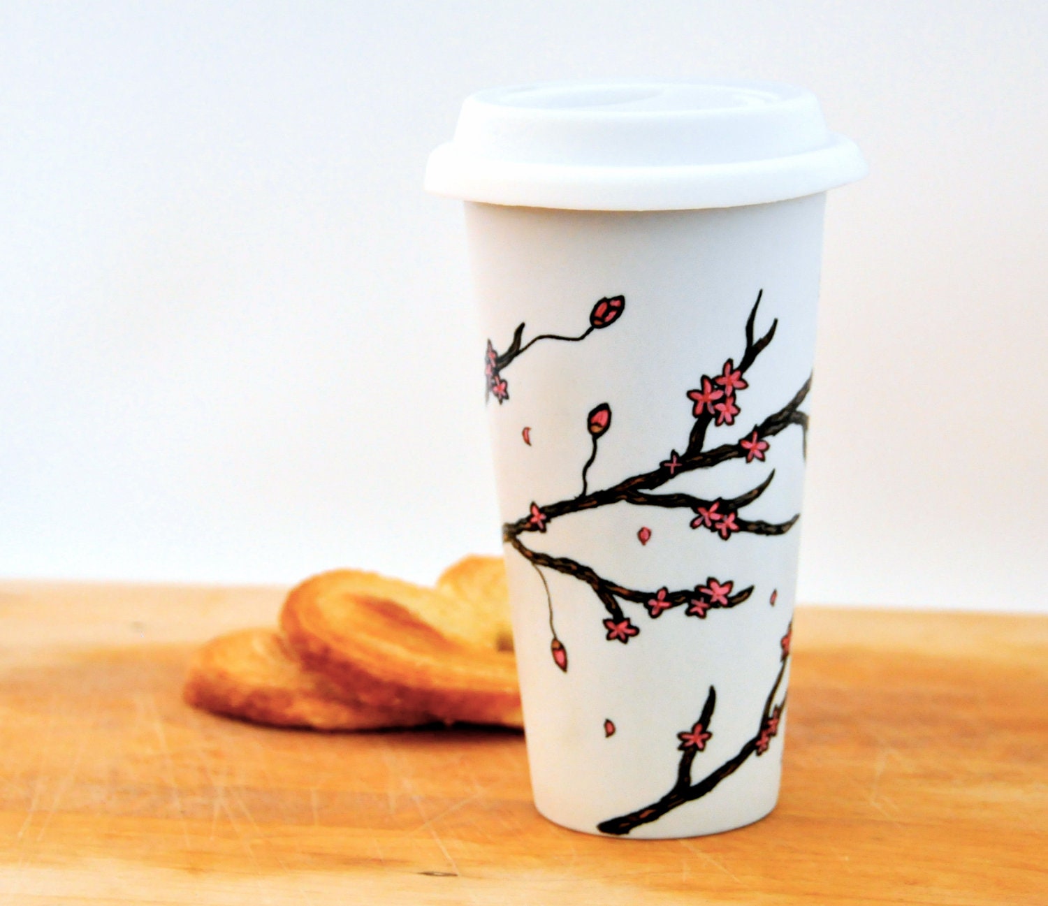 Cherry Blossoms Travel mug - Made to Order - Hand Painted porcelain eco-cup - Red and White - Silicon lid
