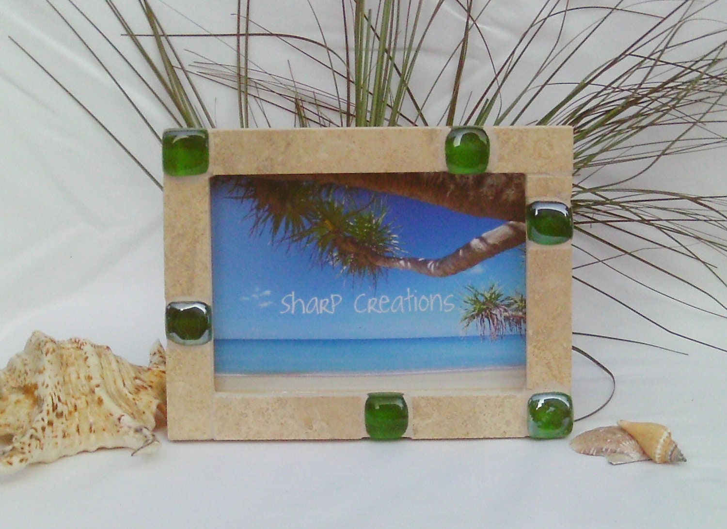 travertine stone and green glass tile mosaic frame --- holds a 5"x7" photo