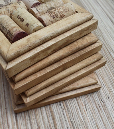 Honey Wine Cork Coasters - DIY set of 4 - on rustic reclaimed maple wood - crafts with corks