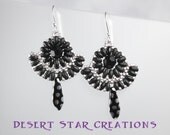Matte Black and Silver Glass Beaded Earrings, Stitched Chandelier Earrings