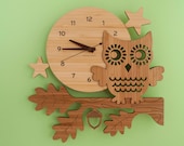 Bamboo Owl Wall Clock: Modern Woodland Baby Nursery Owl Decor