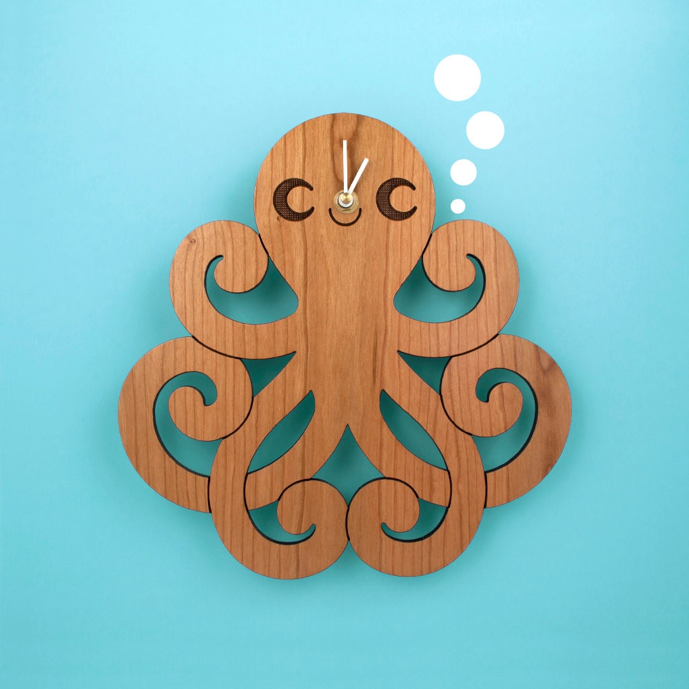 Wood Octopus Wall Clock: Kids Ocean Nursery Theme