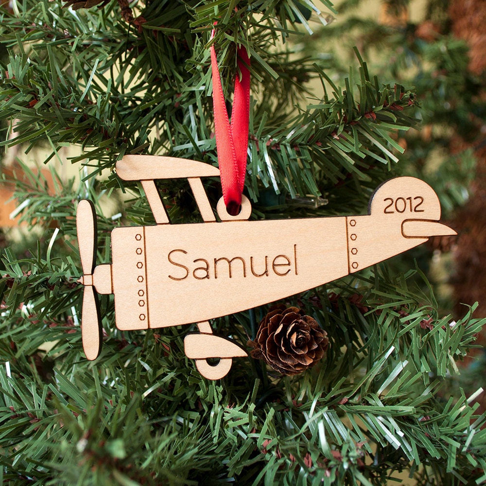 Kids Wooden Airplane Christmas Ornament: Babys First Christmas Personalized