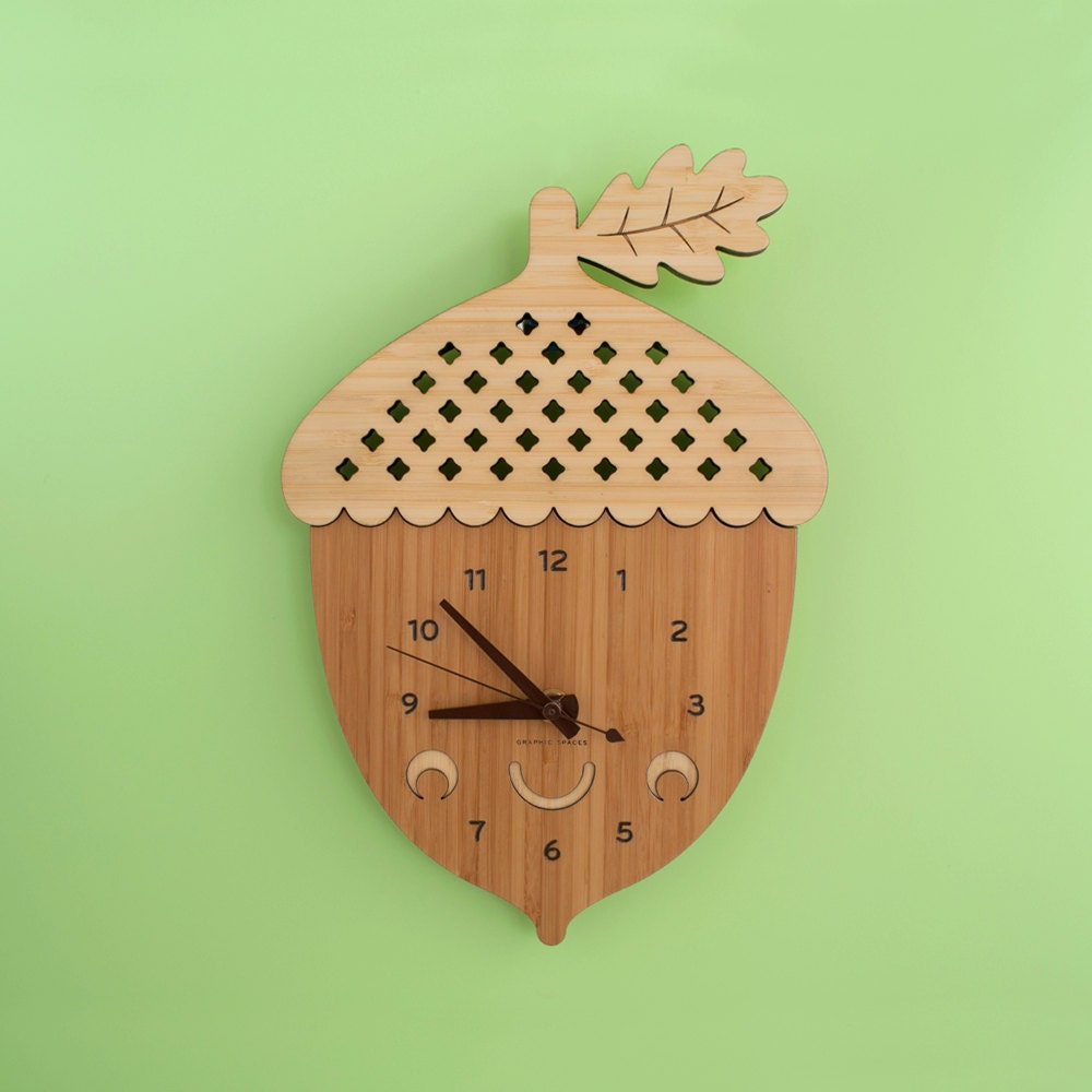 Happy Acorn Clock: Wood Bamboo Modern Wall Nursery Kids Clock