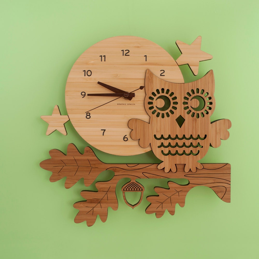 Bamboo Owl Wall Clock: Modern Woodland Baby Nursery Owl Decor