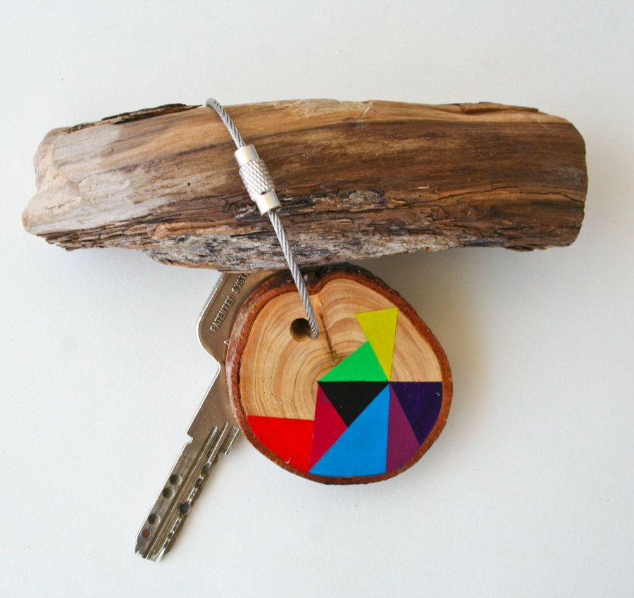 SUMMER SALE 20% OFF - wood keychain with stainless steel cable wire, tones of yellow, blue, red, orange, black geometric triangle shapes