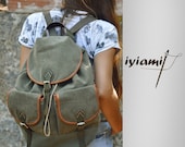 Backpack ,in stonewashed Khaki canvas- leather  ,Unisex, named  Olympos MADE TO ORDER
