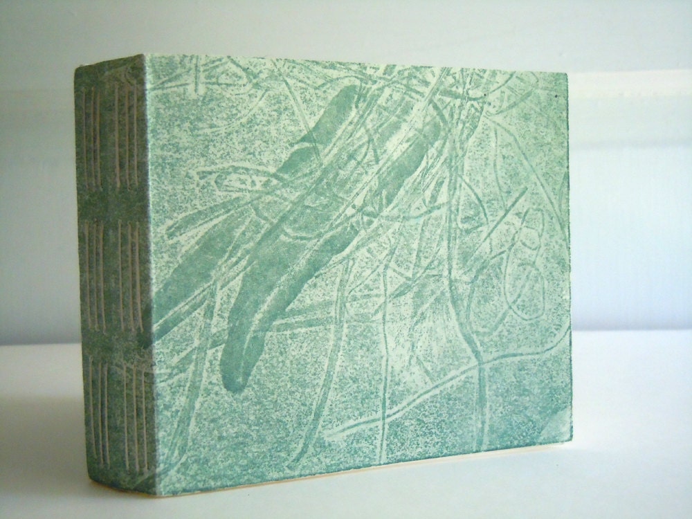 Green Feathers and Nest Paper Journal- Small Blank Paper Journal- Original Cover Art- Copper Plate Etching