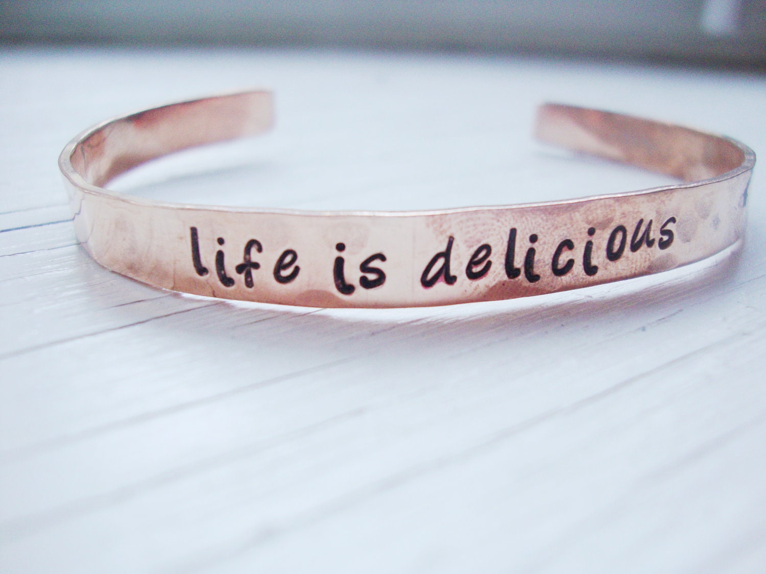 Life is delicious copper hand stamped hammered cuff with cupcake
