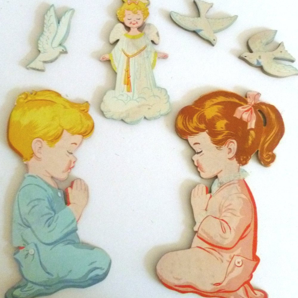 Boy and Girl Praying Angel Doves Wall Hanging