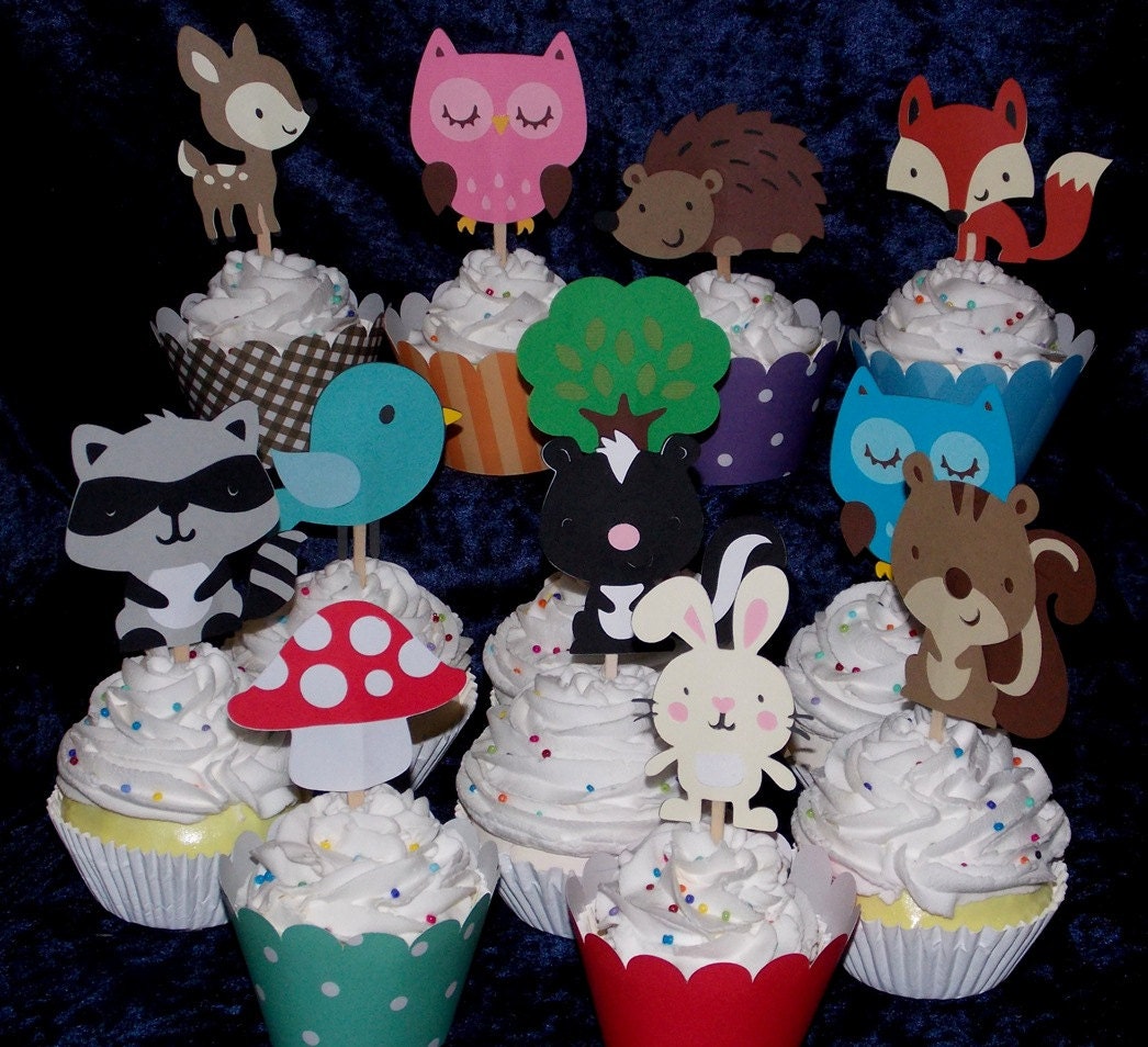 12 Woodland Wildlife Paper Pieced Cupcake Toppers ... choose 1 or any combo ... bird bunny deer raccoon tree hedgehog Il_170x135