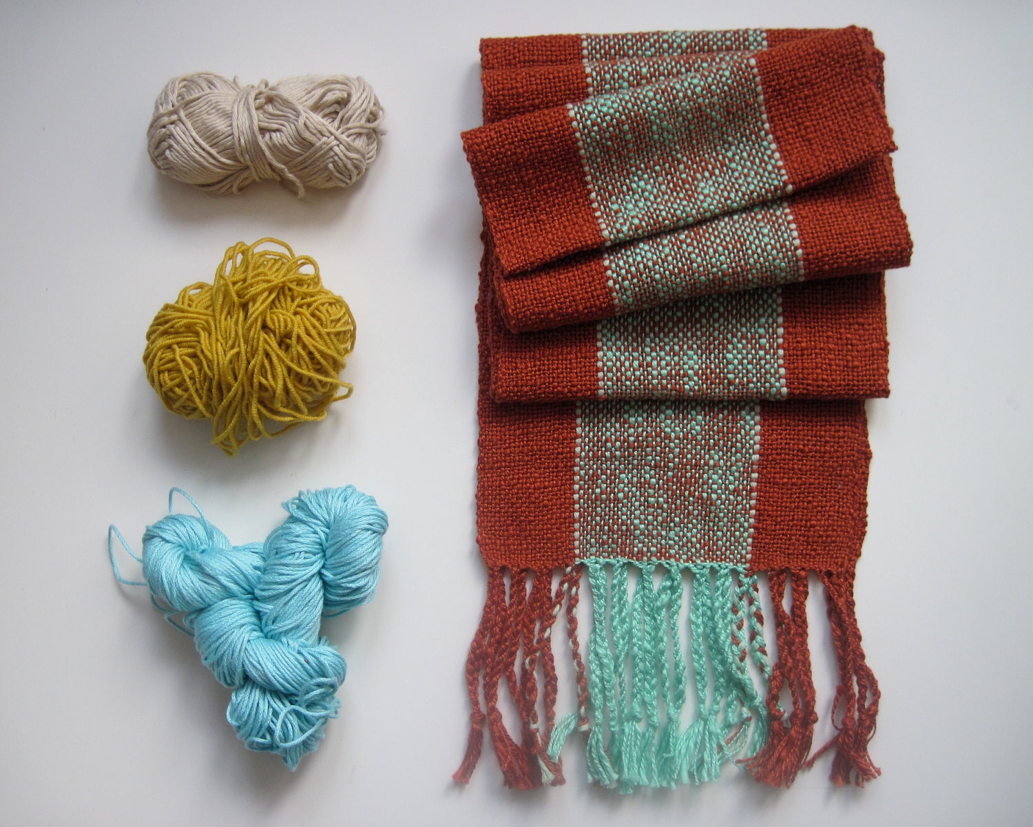 Handwoven Scarf Rust Orange and Tropical Mint Green, Winter Accessory, Clashing Colors, Colorblock Scarf