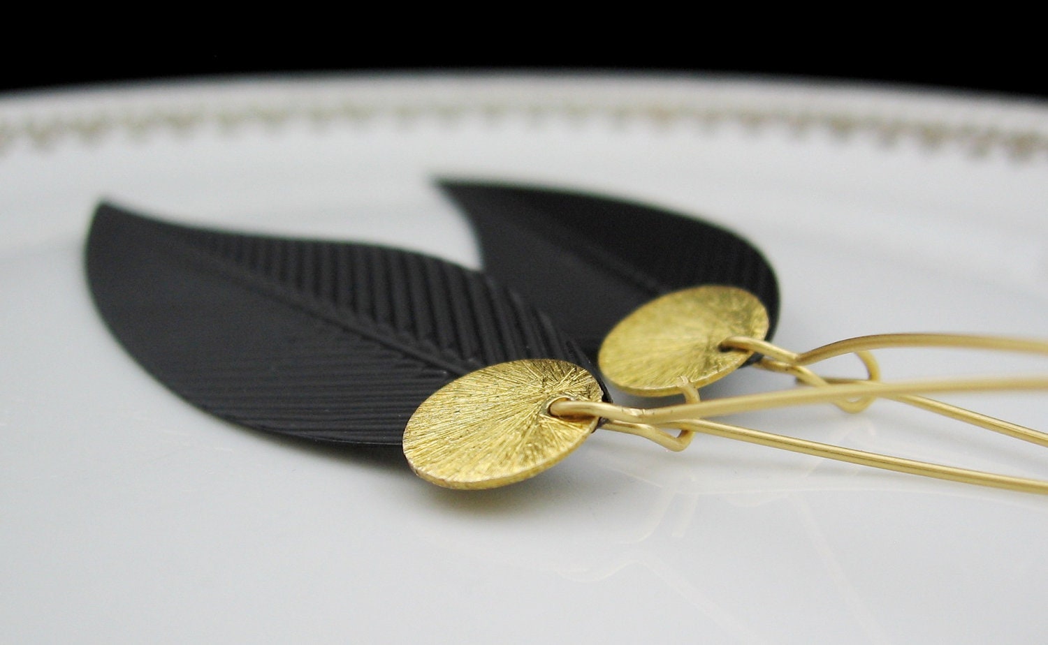 Black Feather & Gold Disc Earrings - Black Metal Feathers, Brushed Vermeil Discs, and Matte Gold Kidney Earring Hooks - by We Are 1