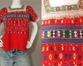 Vintage 70s Red Embroidered Guatemalan Huipil Ethnic Shirt Top S M