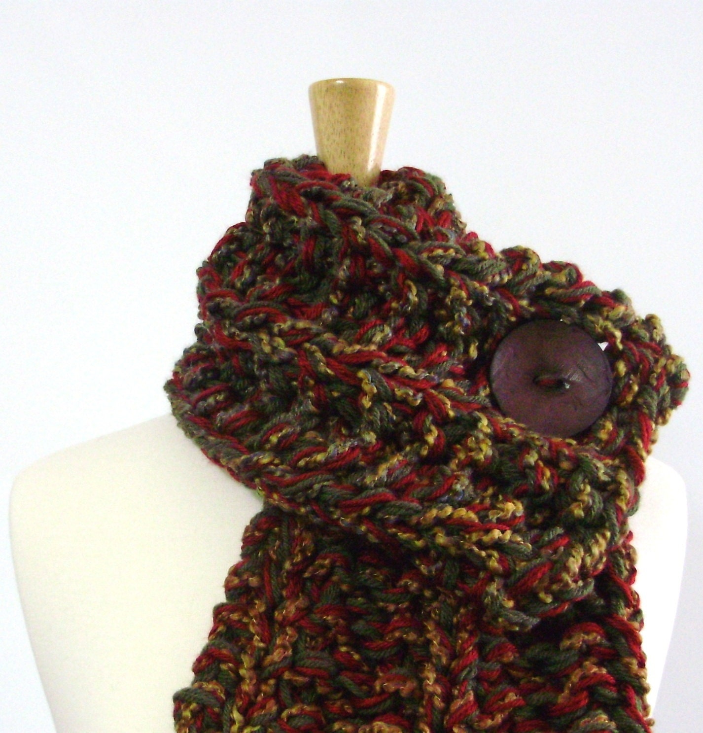Brown, Green and Red Chunky Knit Cowl Scarf with Large Brown Button - Only 1 Available