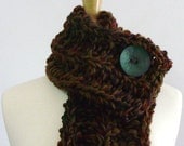 Brown, Red, Purple and Green Chunky Knit Cowl Scarf with Large Green Button - Only 1 Available