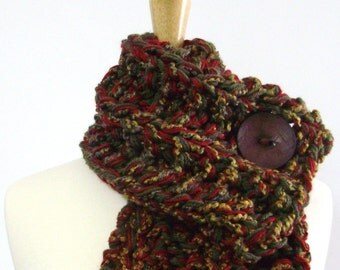 Brown, Green and Red Chunky Knit Cowl Scarf with Large Brown Button - Only 1 Available