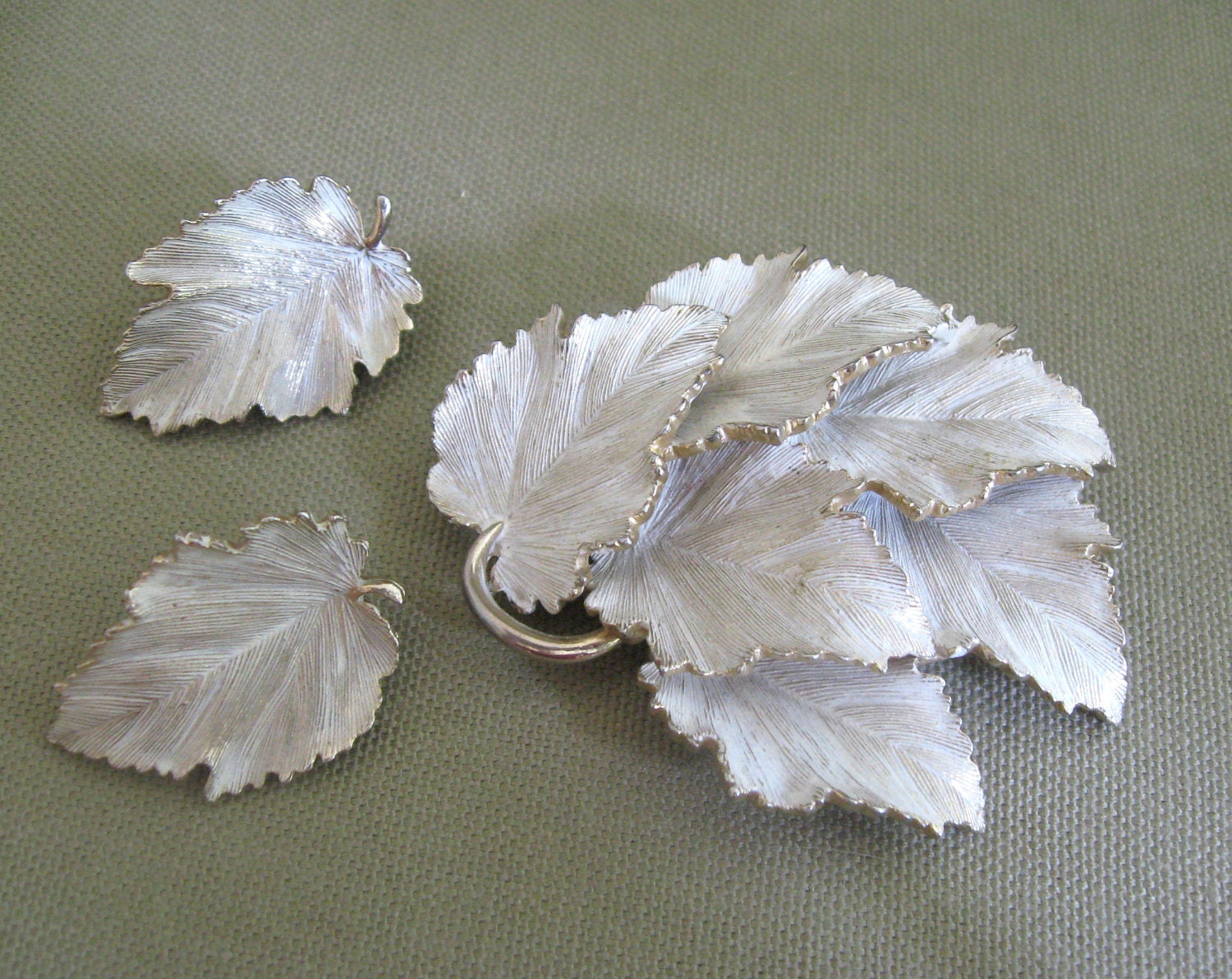 Large Metal Leaf Brooch Earrings Jewelry Set