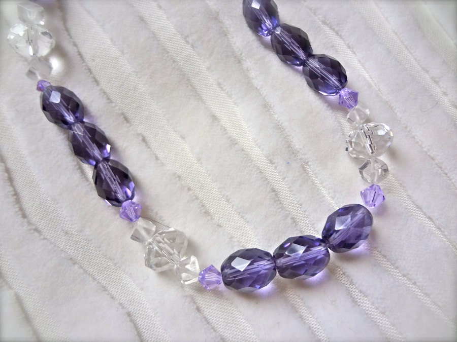 Purple & clear quartz crystal necklace with ribbon