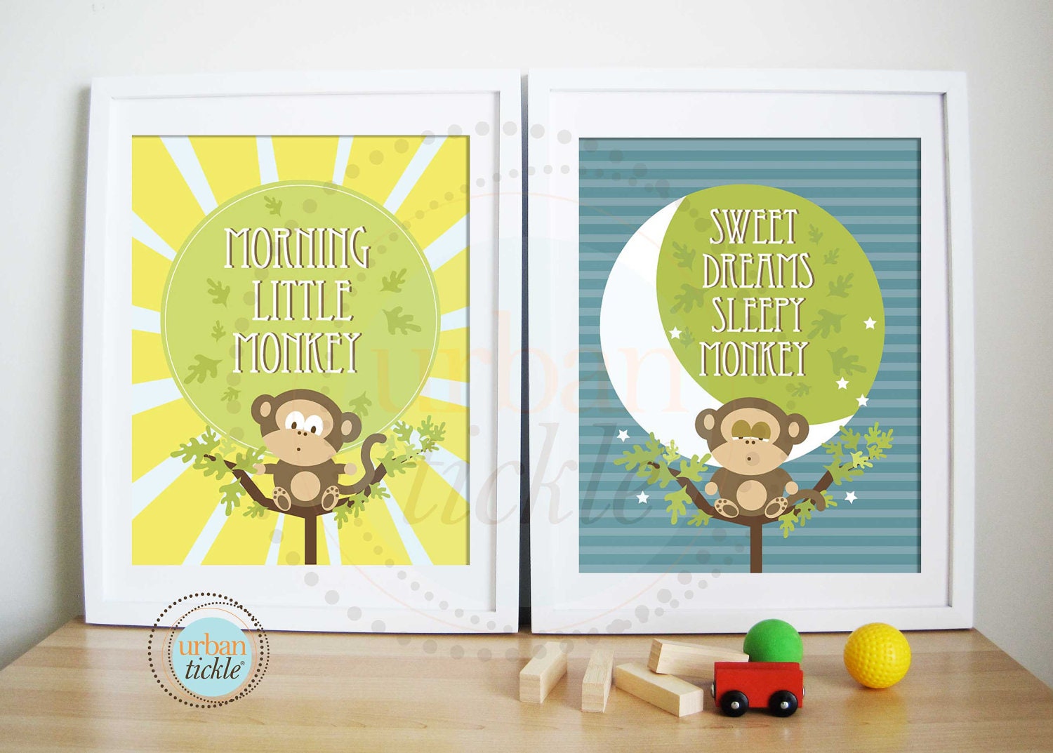 Nursery Wall Prints -Set of 2 - Morning and Sweet Dreams Little Monkey 8.5x11Inches. Nursery Decor, baby Gift