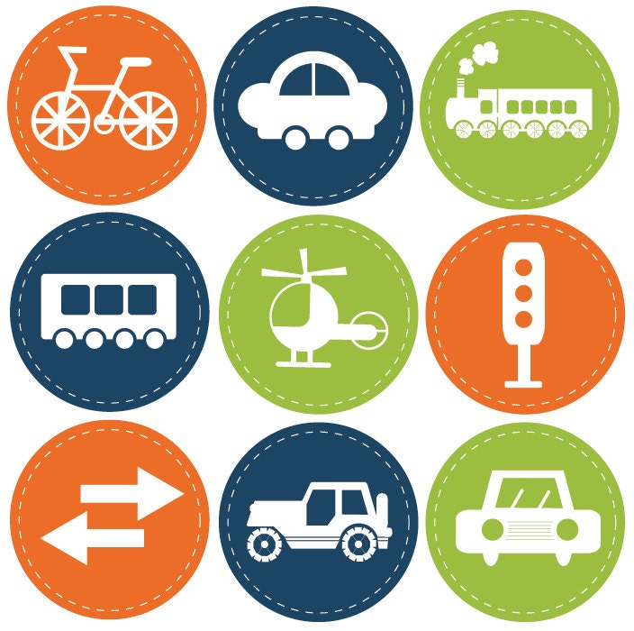 Reusable Wall Decals for Children, Transportation Icons, 7.5 Inches Round, Set of 9