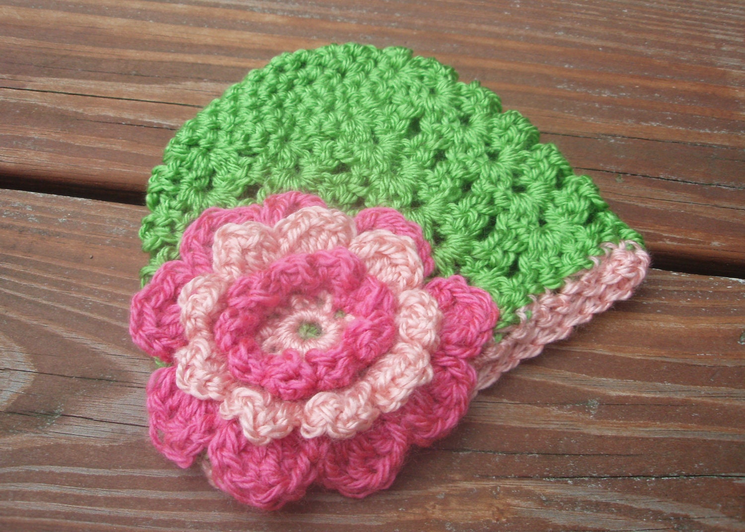 Crochet Baby Hat - Green Cloche Flower Hat