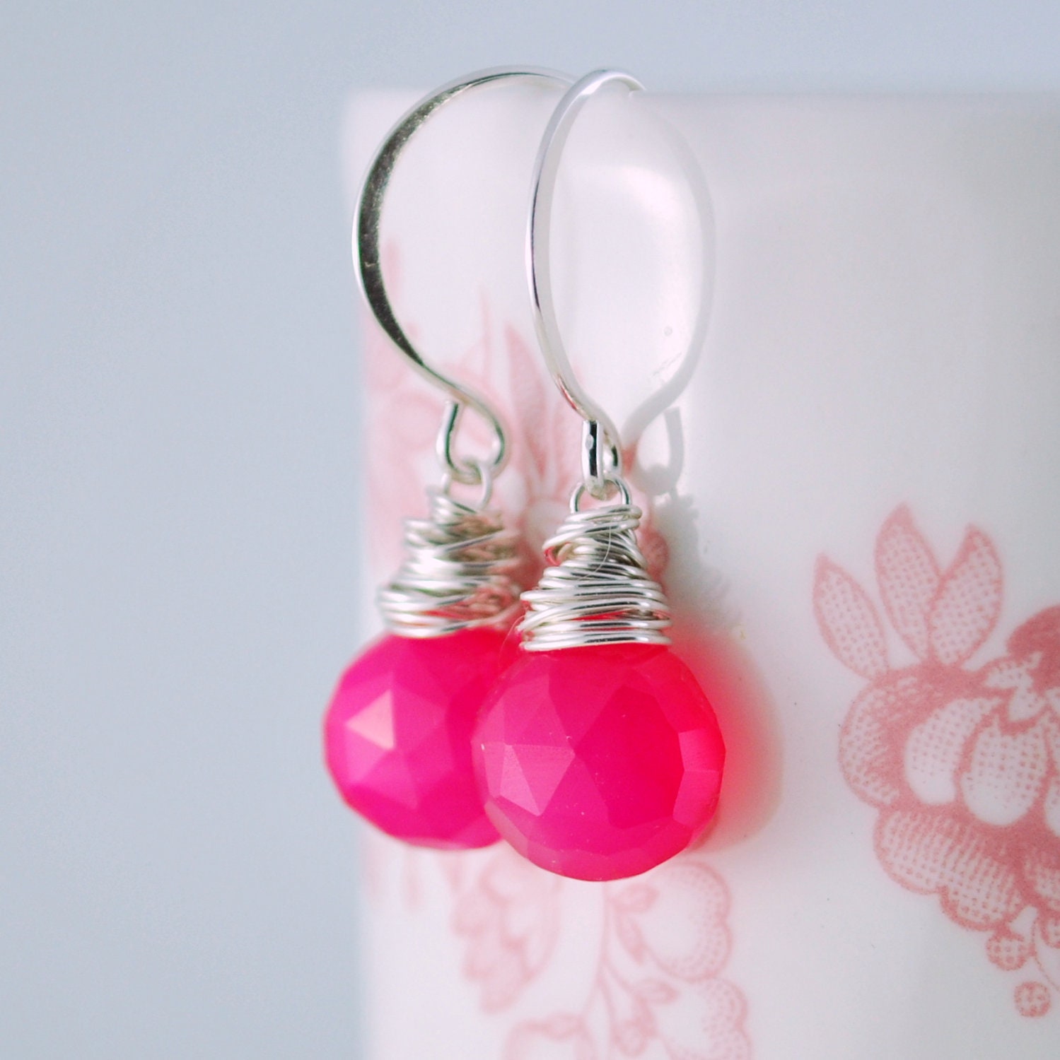 Neon Hot Pink Drop Earrings Chalcedony Gemstone Wire Wrapped Bright Fuchsia Sterling Silver Simple Jewelry Complimentary Shipping