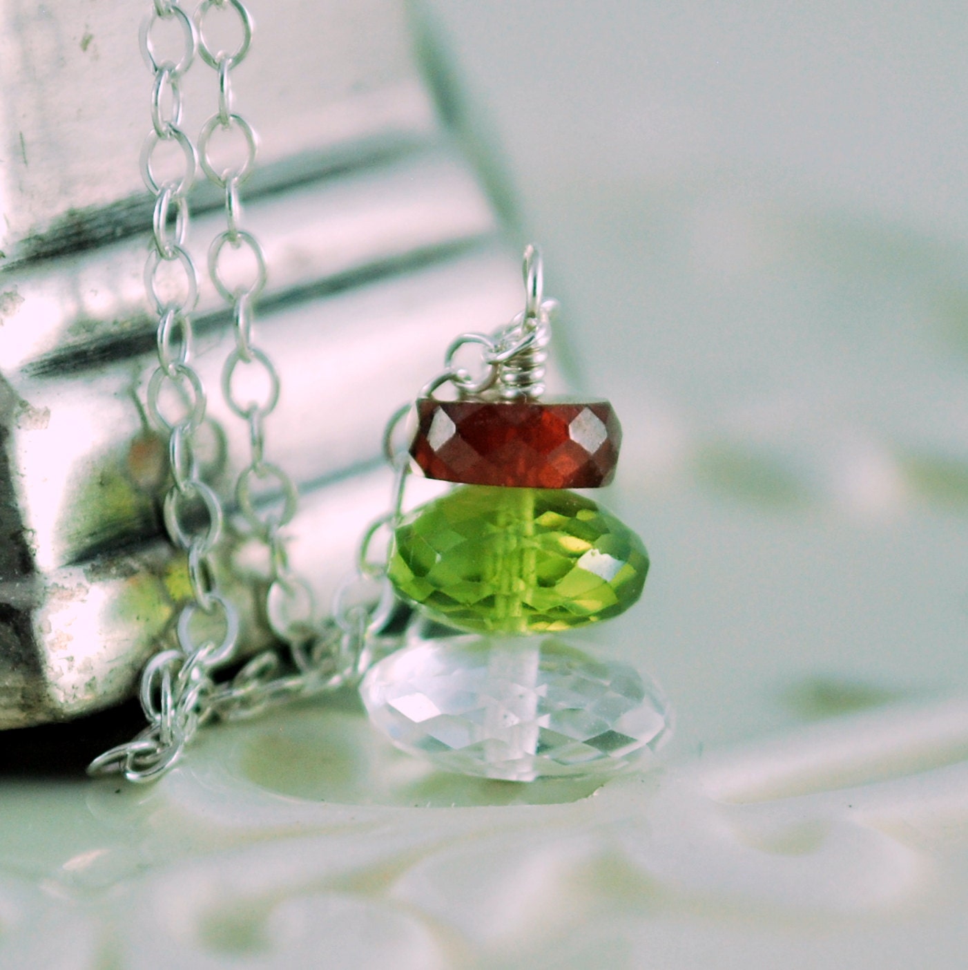 Christmas Necklace Red Garnet Lime Green Peridot Crystal Quartz Semiprecious Gemstone Sterling Silver Holiday Jewelry Complimentary Shipping
