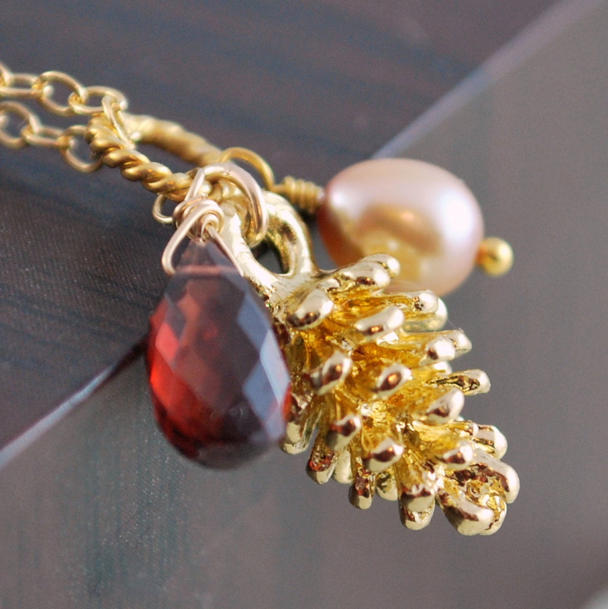 Fall Pinecone Necklace Bridesmaid Wedding Genuine Garnet Taupe Freshwater Pearl Pine Cone Gold Autumn Gold Jewelry Complimentary Shipping
