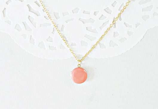 Coral Enamel Charm Locket - 16k Gold Plated Necklace - Small