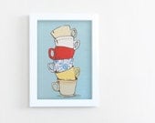 Teacups 5x7 art print, kitchen art decor, coffee cup art, illustration, teal, red, quirky, wall decor