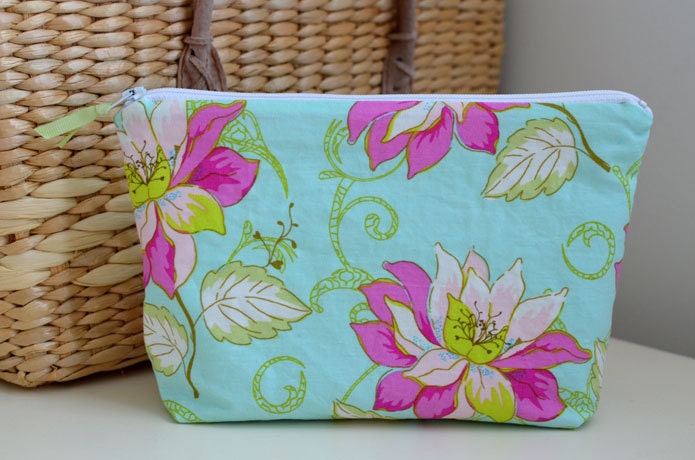 Zipper Pouch in Water Lily - aqua purple pink green flowers floral makeup bag travel pouch diaper bag purse organizer