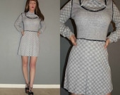 S XS Mod Vtg 70s Gray Salt and Pepper Plaid Long Sleeve Vest Knit Sweater Twiggy Dolly Skater Mini Dress