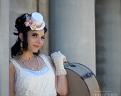 Bridal Blush Steampunk  - Mini Top Hat Bride Garden Wedding Cream - Pink Floral Green Embroidered Trim Ivory Peacock Fascinator