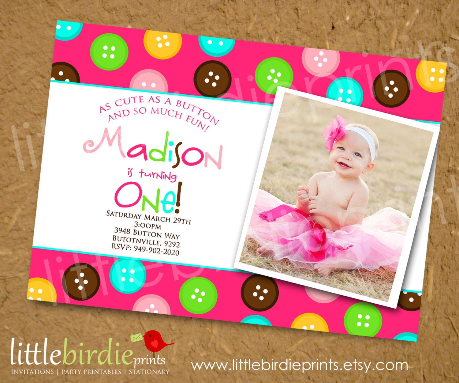 CUTE as a BUTTON Birthday Invitation with Buttons in BRIGHT Colors