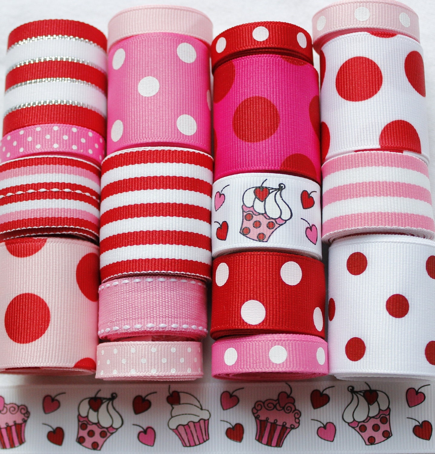 18 Yd Heart Cupcakes Valentine Grosgrain Ribbon Lot in Pink and Red