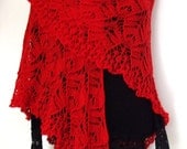 Red Tulips ... lace triangle shawl delicate merino wool hand made OOAK