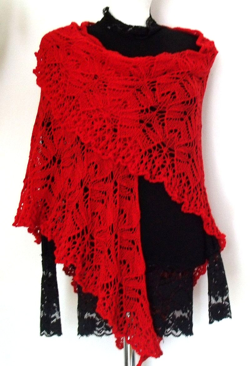 Red Tulips ... lace triangle shawl delicate merino wool hand made OOAK