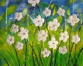 ORIGINAL Oil Painting How do I live without you 24 x 24 Palette Knife Textured Colorful White Daisy Blue Green ART by Marchella