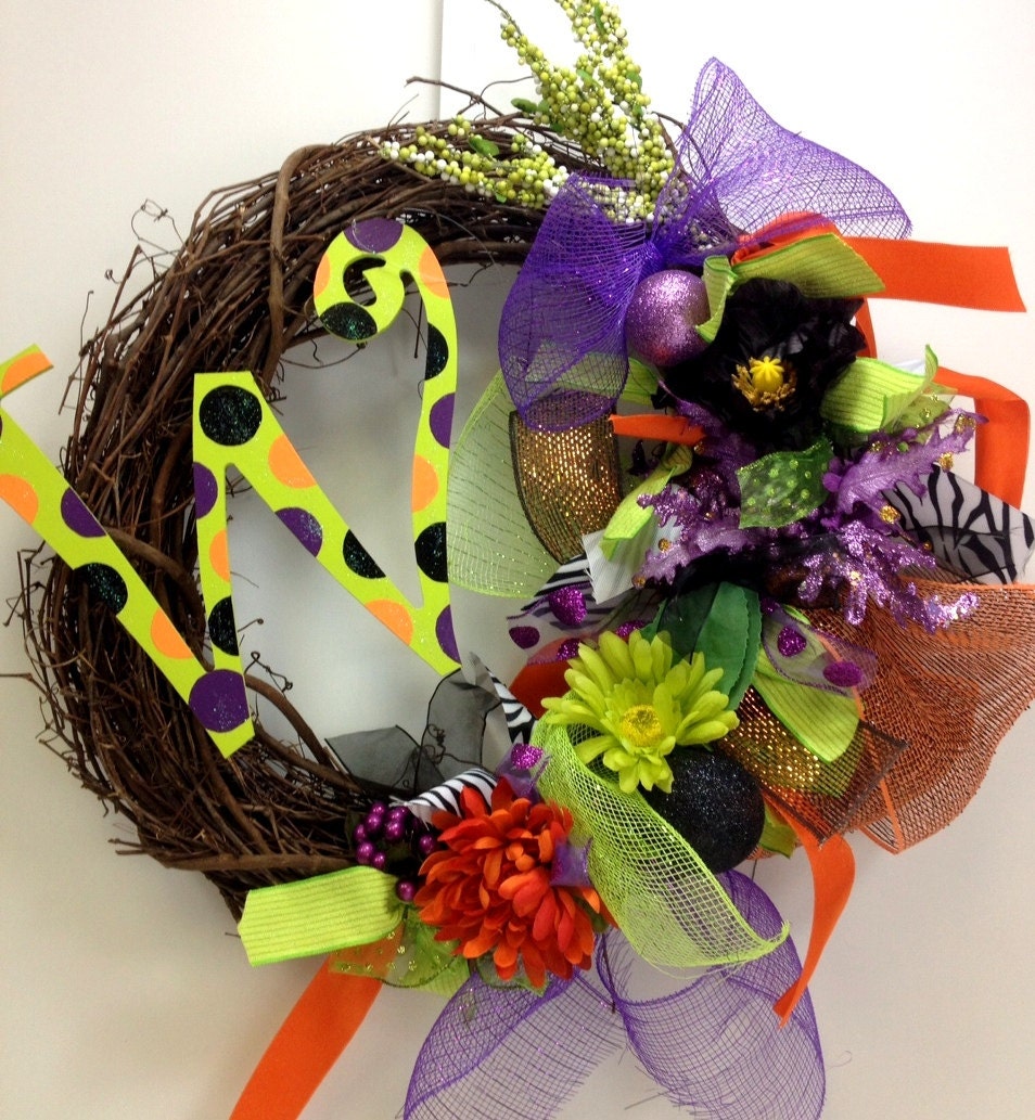 Halloween wreath initial monogram fun cute mesh ribbon painted polka dot letter black lime green purple orange
