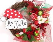 Christmas wreath with Santa hat red and green deco mesh ribbon large Holiday door decor