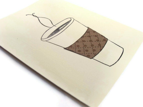 Coffee Cup Blank Handmade Note Cards Set of 6 Blue Green Brown PInk Green