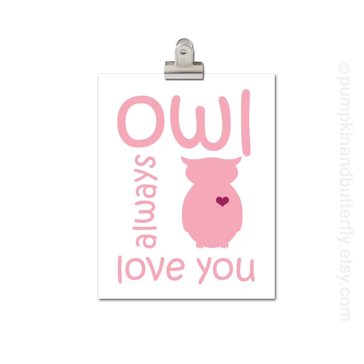 Owl Print - Kids Wall Art, Children's Art Print Poster, 11x14 Print, Owl, Silhouette, Owl, Pink, Personalize, Woodland
