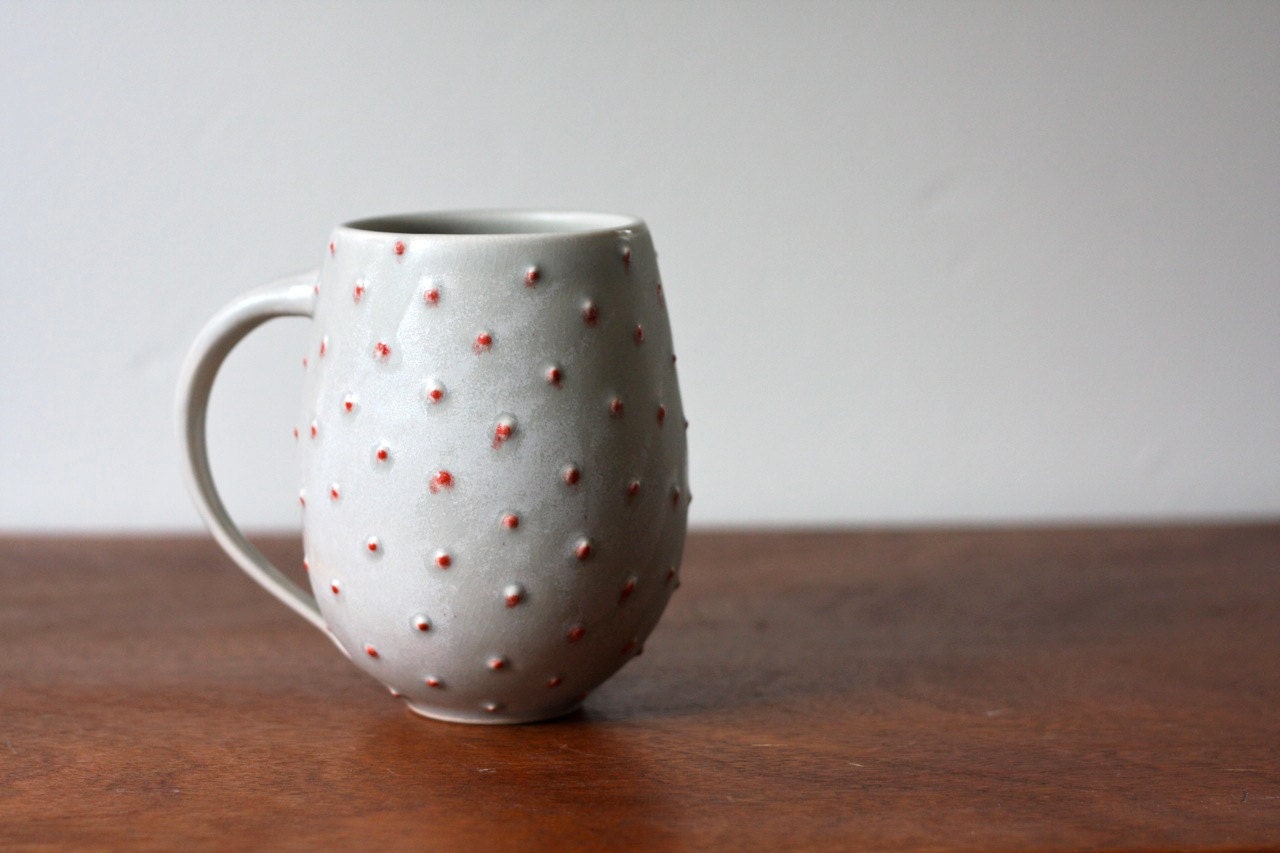 Pottery Coffee Mug - Matte Gray Belly Mug with Red Polka Dots - Large Ceramic Cup