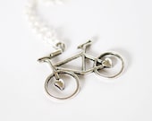 Bike Charm Necklace - Antiqued Silver Bicycle on Silver Plated Cable Chain Hearts Cute