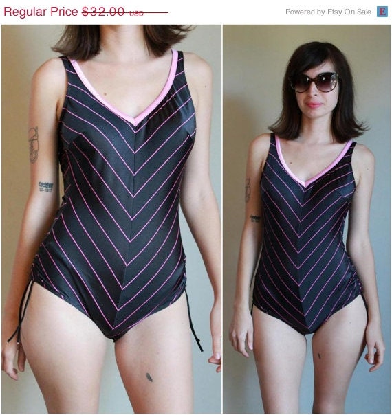 SUMMER SALE 30% OFF One Piece Swimsuit  /  Chevron Striped Black And Pink Bathing Suit  /  Open Back Tie Hip  /  Vintage 70s 1970s  /  Smal